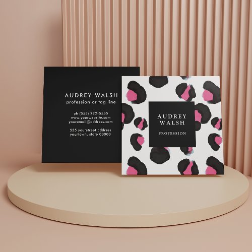 Girly Pink Back White Leopard print  Square Business Card