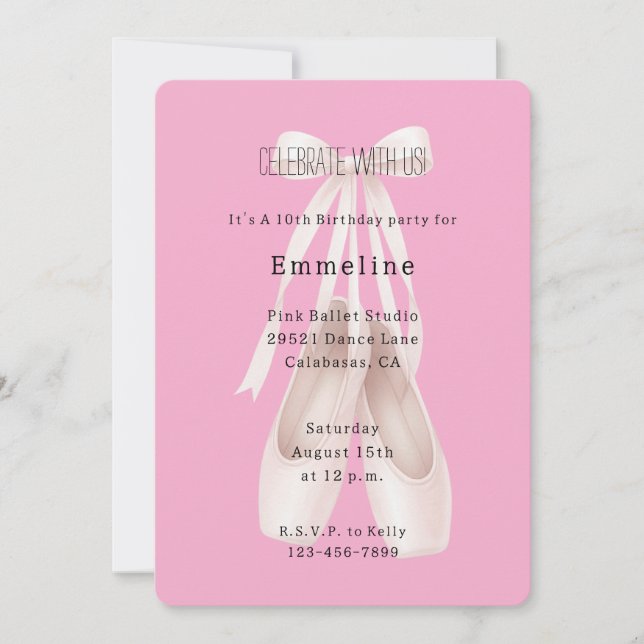 Girly Pink Ballet Shoes Bow Birthday Invitation (Front)