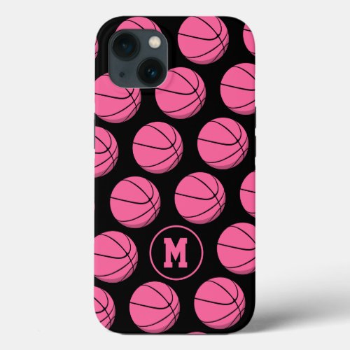 girly pink basketballs pattern monogrammed iPhone 13 case