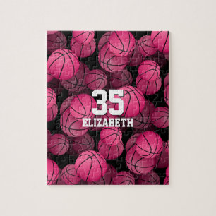 Girly pink basketballs pattern personalized jigsaw puzzle