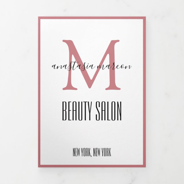 Girly Pink Beauty SPA Salon Photo Monogram  Tri-Fold Card (Cover)