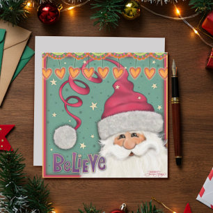 Girly Pink Believe Santa Christmas Holiday Card