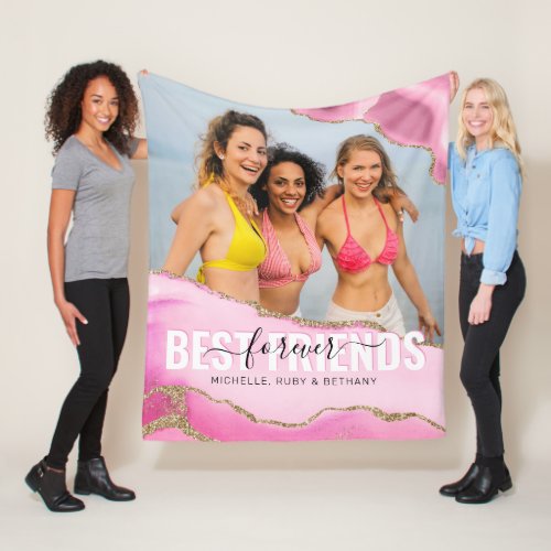 Girly Pink Best Friends Forever Photo Fleece Blanket - Friendship gift fleecy blanket featuring a photo of you and your besties, gorgeous pink agate edges with gold glitter accents, and your names.