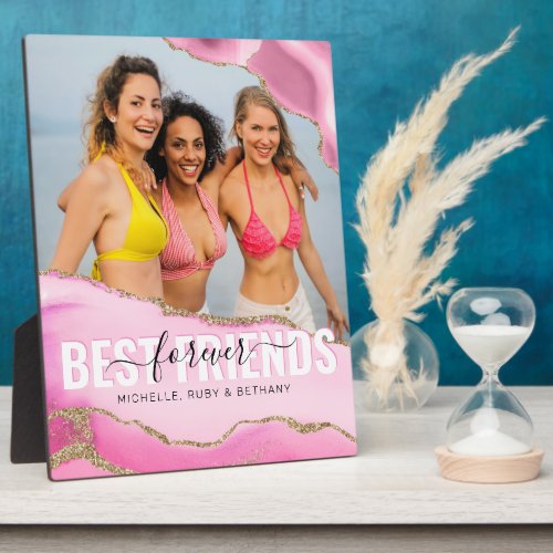 Girly Pink Best Friends Forever Photo Plaque - Friendship picture plaque featuring a photo of you and your besties, gorgeous pink agate edges with gold glitter accents, and your names.