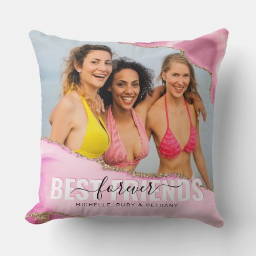 Girly Pink Best Friends Forever Photo Throw Pillow - Personalized friendship pillow featuring a photo of you and your besties, gorgeous pink agate edges with gold glitter accents, and your names.