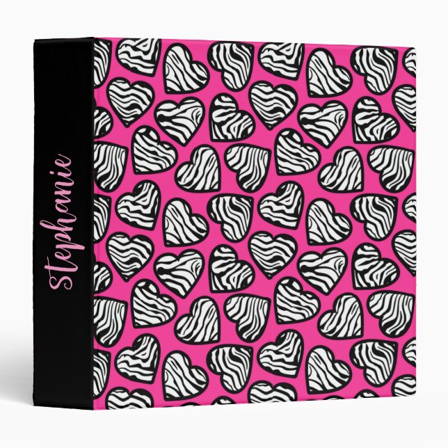 Girly pink black and white zebra hearts with name  3 ring binder (Front/Spine)