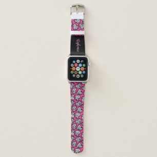 Girly pink black and white zebra hearts with name apple watch band