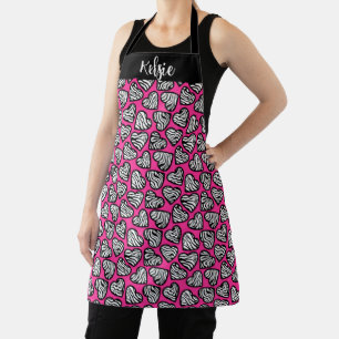 Girly pink black and white zebra hearts with name apron