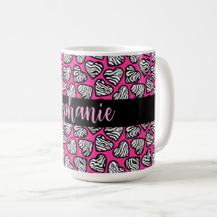 Girly pink black and white zebra hearts with name  coffee mug