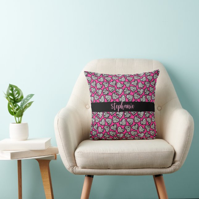 Girly pink black and white zebra hearts with name  throw pillow (Chair)