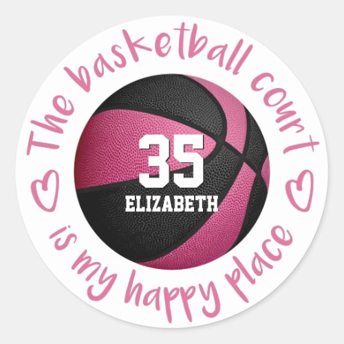 girly pink black basketball court my happy place classic round sticker