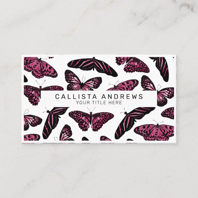 Girly Pink Black Butterflies Watercolor Pattern Business Card (Front)