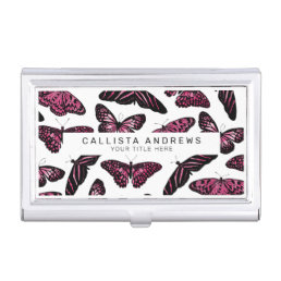 Girly Pink Black Butterflies Watercolor Pattern Business Card Case