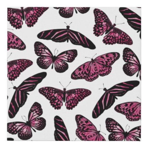 Girly Pink Black Butterflies Watercolor Pattern Faux Canvas Print