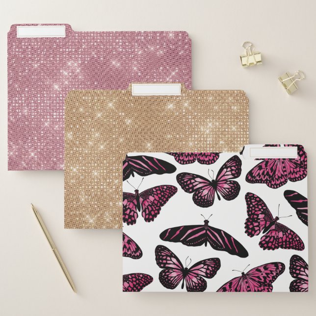 Girly Pink Black Butterflies Watercolor Pattern File Folder (Set)