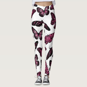 Girly Pink Black Butterflies Watercolor Pattern Leggings