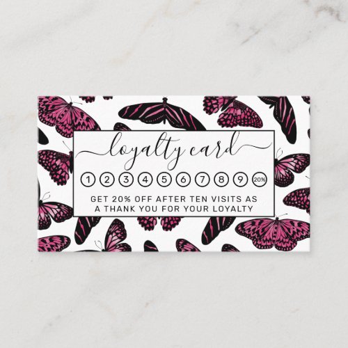 Girly Pink Black Butterflies Watercolor Pattern Loyalty Card