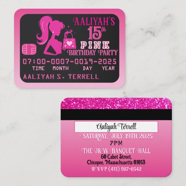 Girly Pink/ Black Credit Card Birthday Invitations (Front/Back)