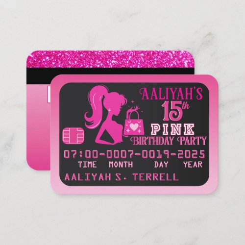 Girly Pink Black Credit Card Birthday Invitations