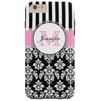 Girly Pink Black Damask Striped Monogrammed Tough Iphone 6 Plus Case by DamaskGallery at Zazzle