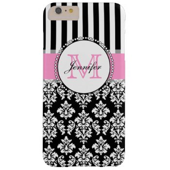Girly Pink Black Damask Striped Monogrammed Barely There Iphone 6 Plus Case by DamaskGallery at Zazzle