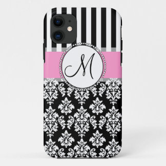 Girly, Pink, Black Damask Your Monogram Initial iPhone 11 Case