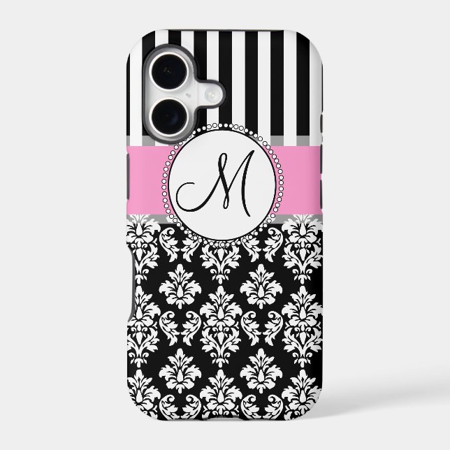 Girly, Pink, Black Damask Your Monogram Initial Iphone Case (Back)