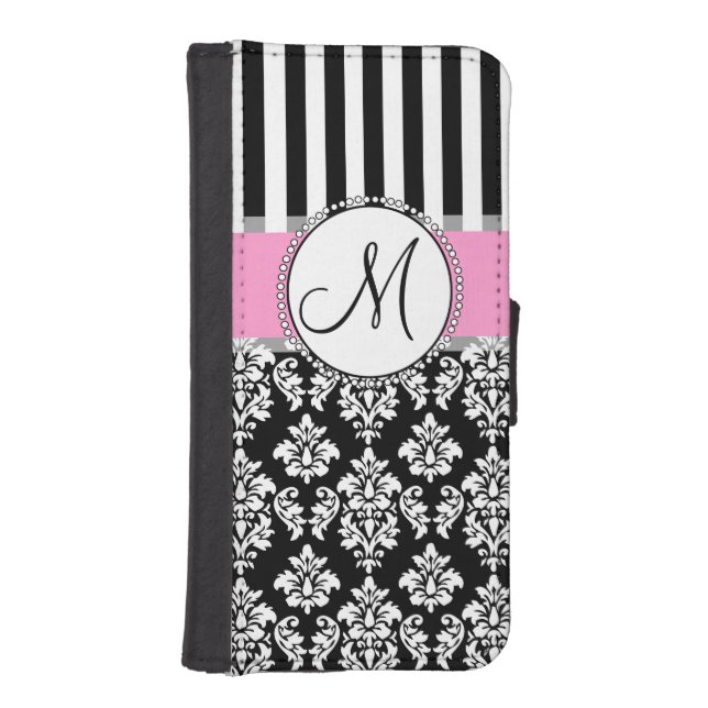 Girly, Pink, Black Damask Your Monogram Initial iPhone Wallet Case (Front)