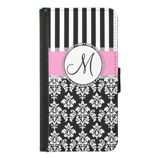 Girly, Pink, Black Damask Your Monogram Initial Wallet Phone Case For