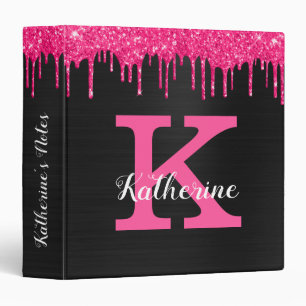 Girly Pink Black Glitter Drips Glam Monogram Name 3 Ring Binder