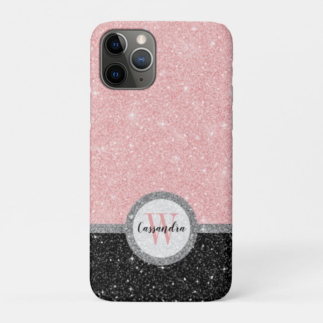 Girly Pink Black Glitter Monogram Name Case-Mate iPhone Case (Back)
