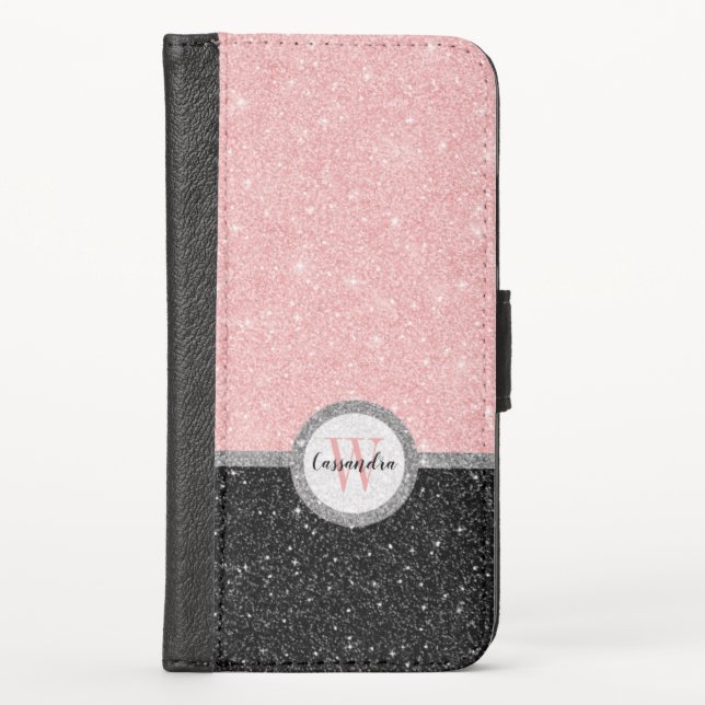 Girly Pink Black Glitter Monogram Name iPhone Wallet Case (Front)