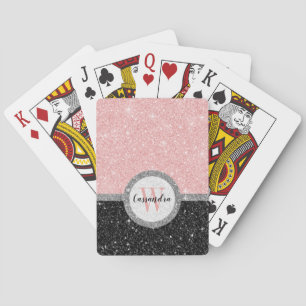 Girly Pink Black Glitter Monogram Name Poker Cards