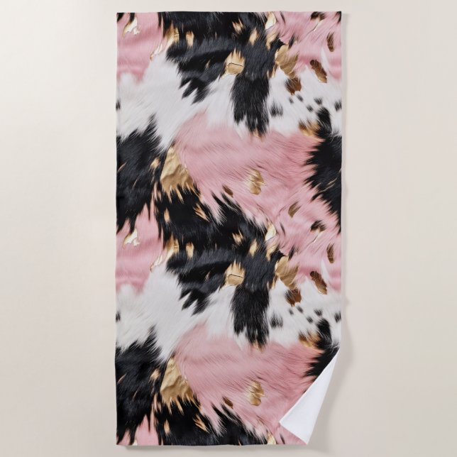 Girly Pink Black Gold Cowgirl Cowhide Beach Towel (Front)