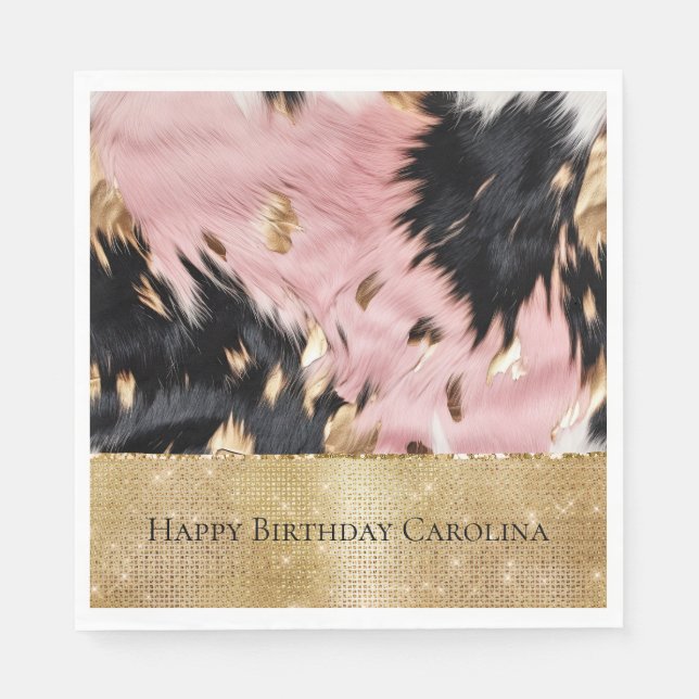 Girly Pink Black Gold Cowgirl Cowhide Napkins (Front)