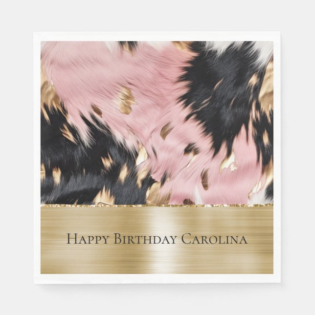 Girly Pink Black Gold Cowgirl Cowhide Napkins (Front)