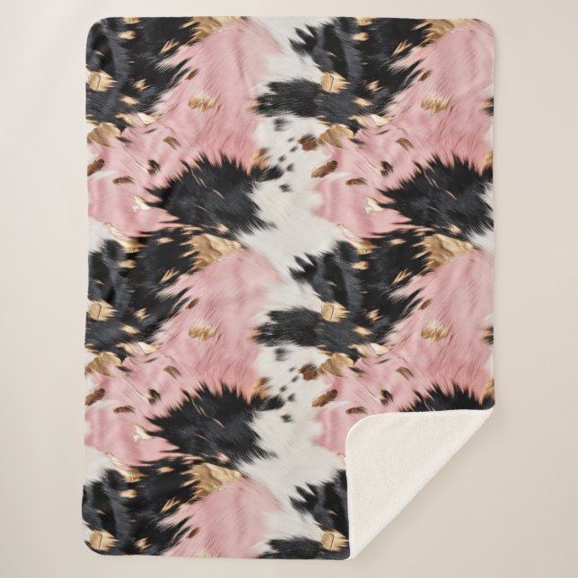 Girly Pink Black Gold Cowgirl Cowhide Sherpa Blanket (Front)