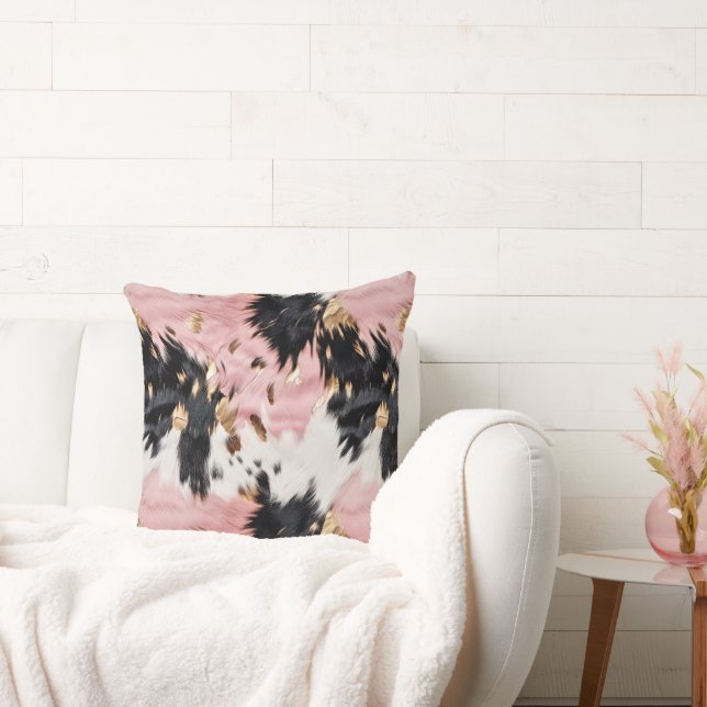 Girly Pink Black Gold Cowgirl Cowhide Throw Pillow (Couch)