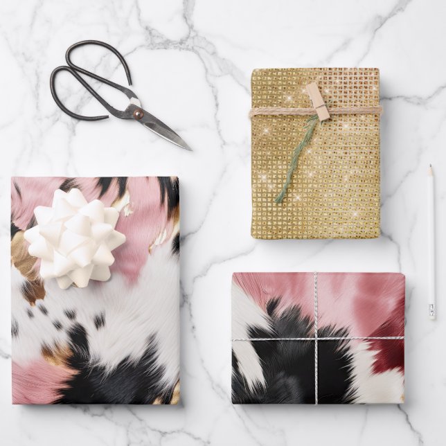 Girly Pink Black Gold Cowgirl Cowhide Wrapping Pap Wrapping Paper Sheets (Front)