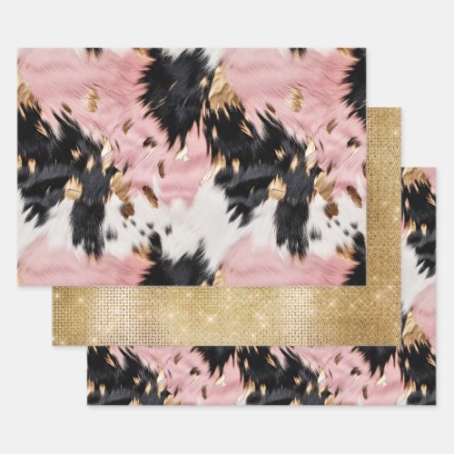 Girly Pink Black Gold Cowgirl Cowhide Wrapping Paper Sheets