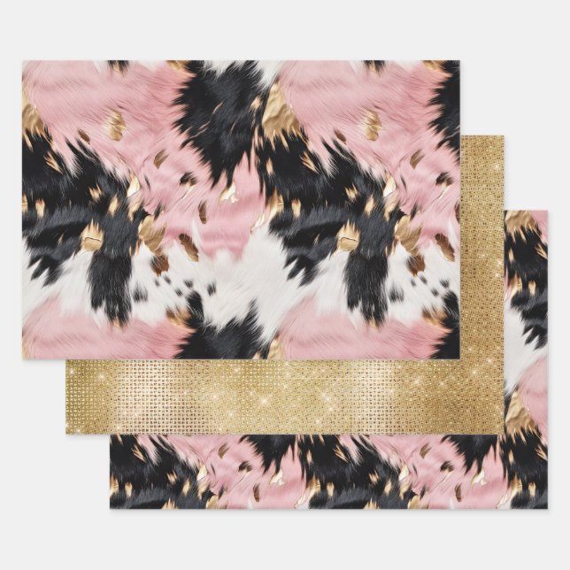 Girly Pink Black Gold Cowgirl Cowhide Wrapping Paper Sheets (Set)