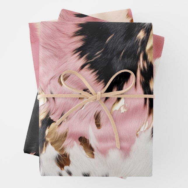 Girly Pink Black Gold Cowgirl Cowhide Wrapping Paper Sheets (In situ)