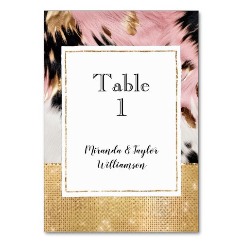 Girly Pink Black Gold Cowhide Sparkle Table Number
