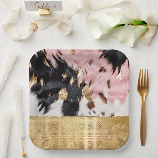 Girly Pink Black Gold Sparkle Cowgirl Cowhide  Paper Plates (Wedding)