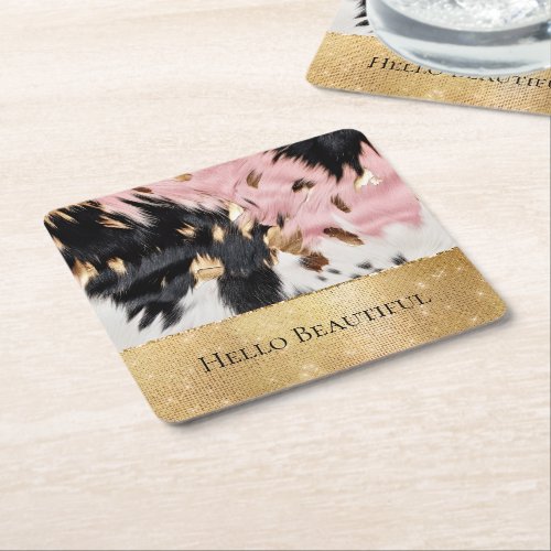 Girly Pink Black Gold Sparkle Cowgirl Cowhide  Square Paper Coaster