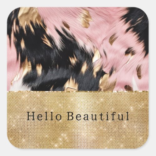 Girly Pink Black Gold Sparkle Cowgirl Cowhide  Square Sticker