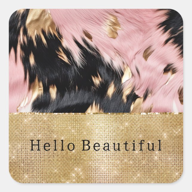 Girly Pink Black Gold Sparkle Cowgirl Cowhide  Square Sticker (Front)