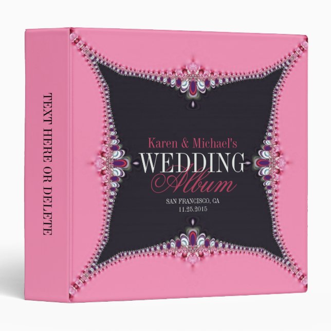 Girly Pink + Black Lace Frills Wedding Album 3 Ring Binder (Front/Spine)