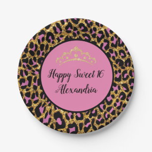 Girly Pink & Black Leopard Gold Glitter Paper Plates