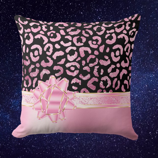 Girly Pink Black Leopard & Pink Bow Ribbon Throw Pillow (Creator Uploaded)